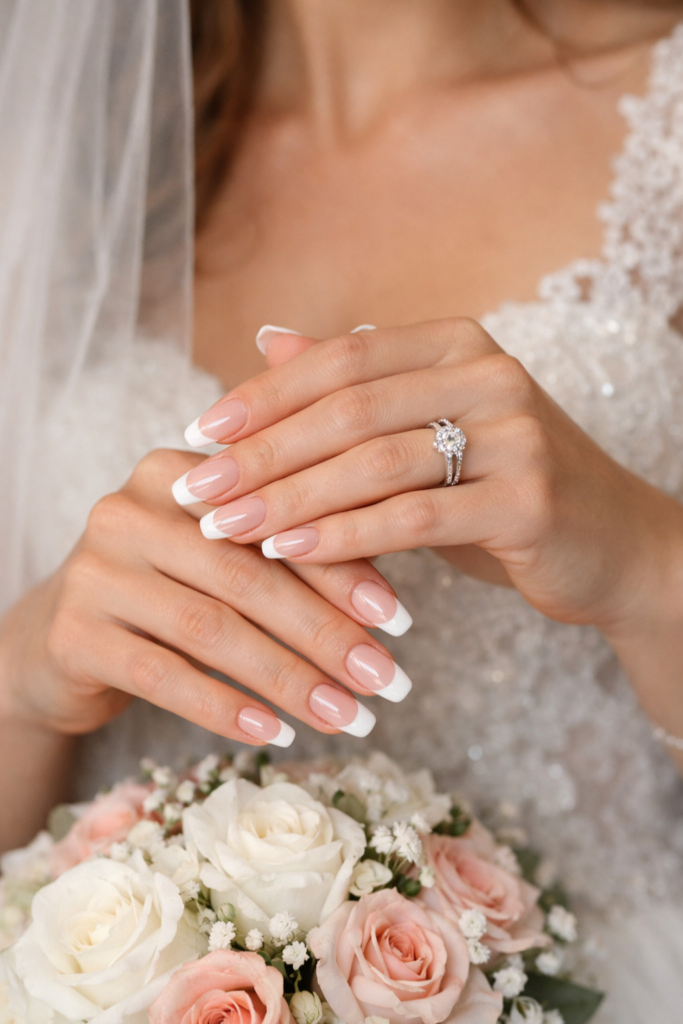 Wedding french tip nails with classic white tips on a sheer nude base, styled with bridal ring and bouquet