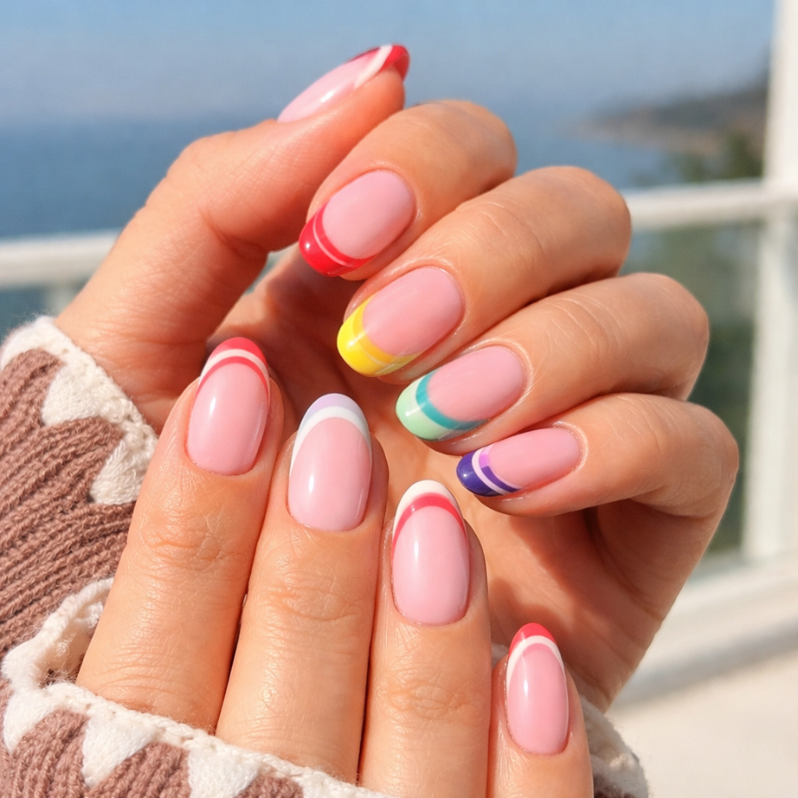 Colorful french tip nails with rainbow tips on almond shaped nails in bright natural sunlight