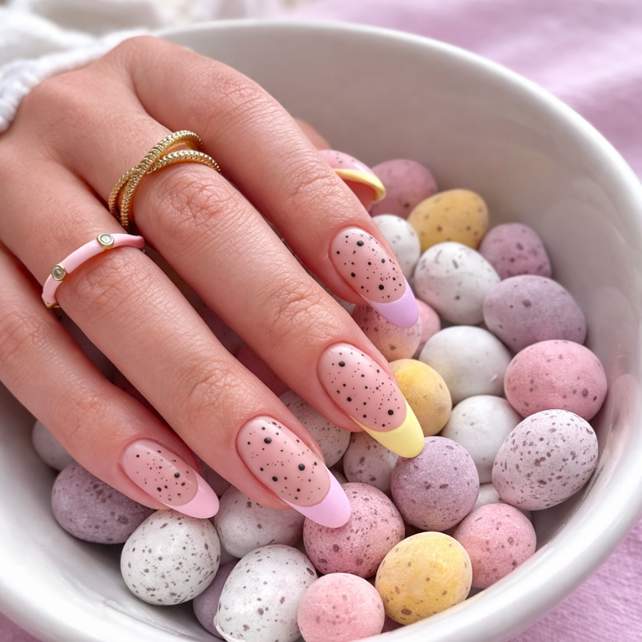 Easter french tip nails with pastel tips and speckled egg nail design in soft lilac, yellow, and pink tones
