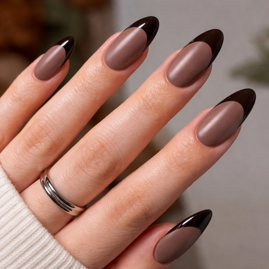 Fall french tip nails with deep chocolate brown tips on almond shaped nails and a glossy nude base