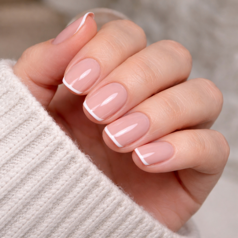 Micro french tip nails with ultra thin white tips on short nails and a soft nude base in a minimal natural style