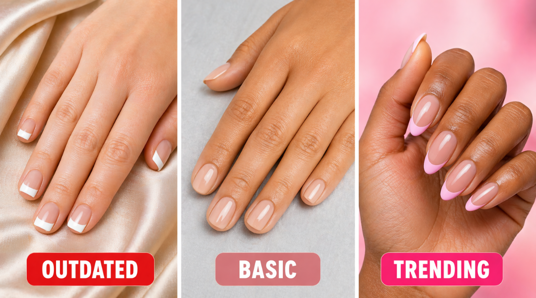 Comparison image showing outdated white French tips, basic nude nails, and trending pink French tip nails in a three panel layout