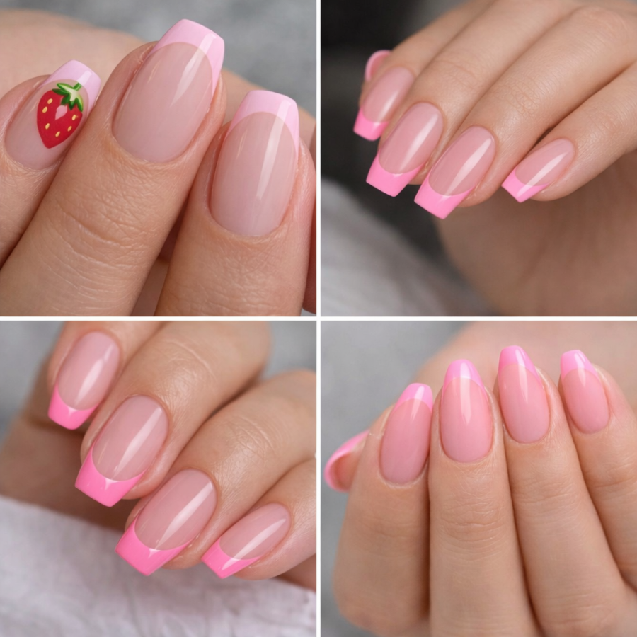 Pink french tip nails with strawberry design, bubblegum tips, almond and square shapes on a glossy nude base