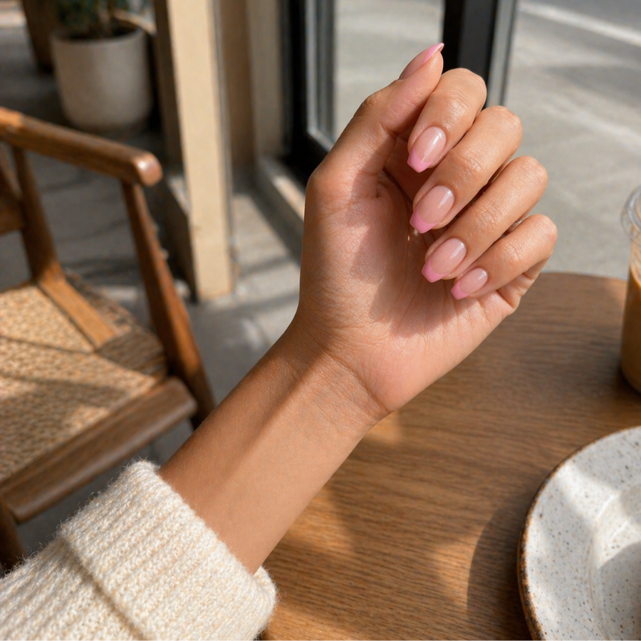 Oval nails with a soft pink ombre French tip featuring a gentle rounded shape in a natural cafe setting with a candid POV angle