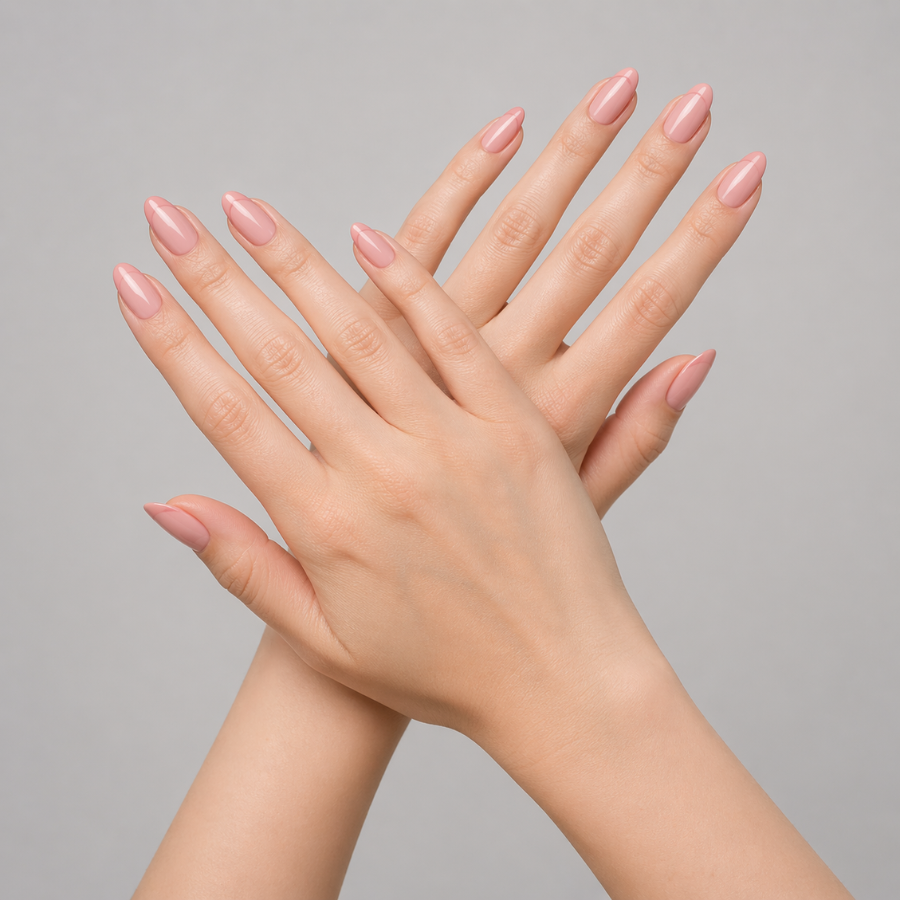 Almond nails with a subtle pink on pink French tip featuring a blush base and slightly deeper rose tip in a low contrast finish