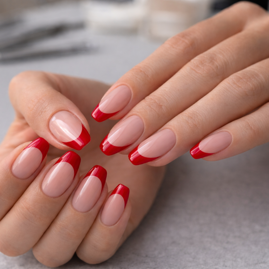 Cherry red french tip nails on almond shaped nails with a sheer nude base in a natural salon setting