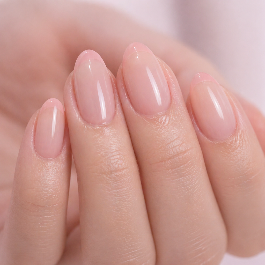 Almond nails with a soft pink French tip on a sheer blush pink base creating a subtle natural tonal manicure