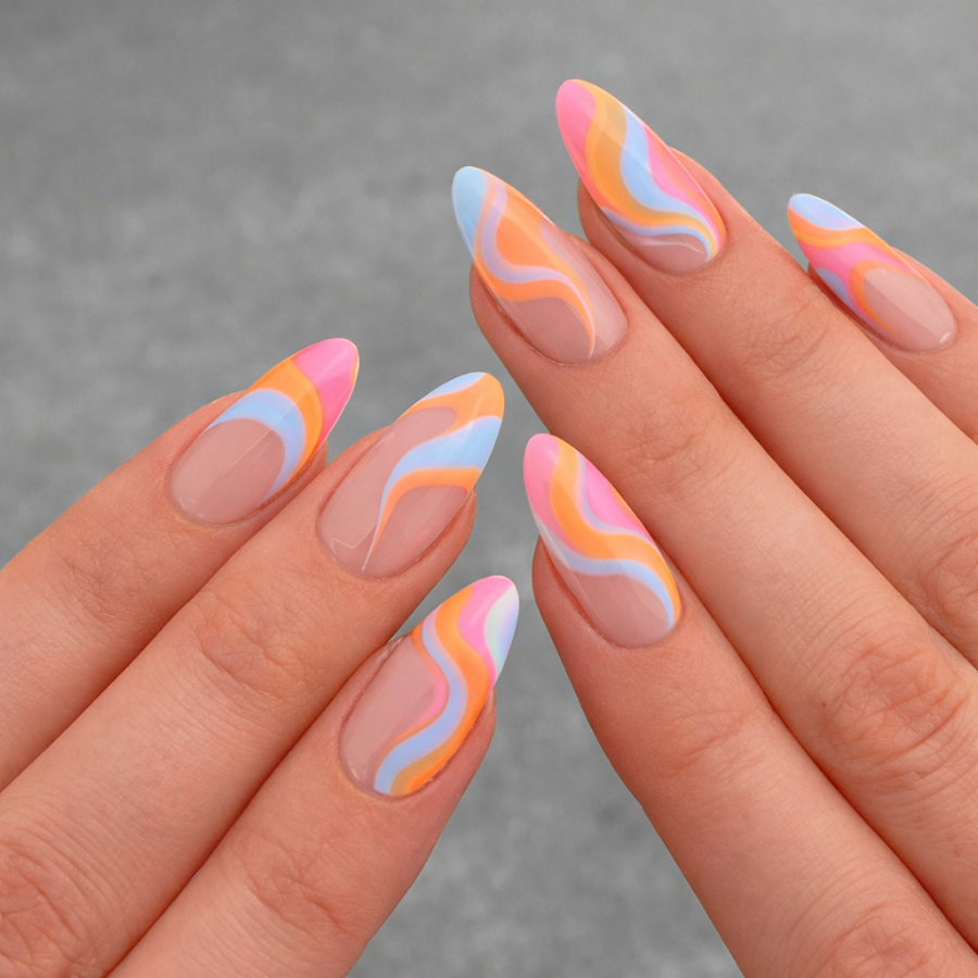 Swirly french tip nails with pastel wave designs on almond shaped nails with a nude base