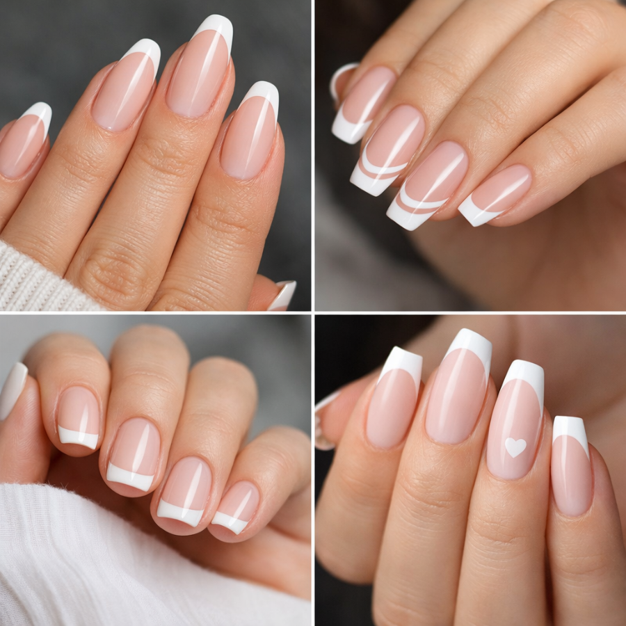 White french tip nail designs featuring classic, double tip, and short nail styles on a soft pink base