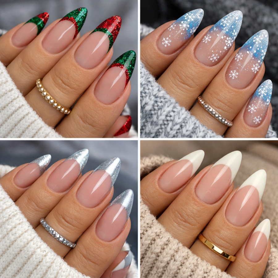 Winter french tip nails collage featuring red and green glitter tips, blue snowflake nail art, silver chrome tips, and soft white minimal french tips
