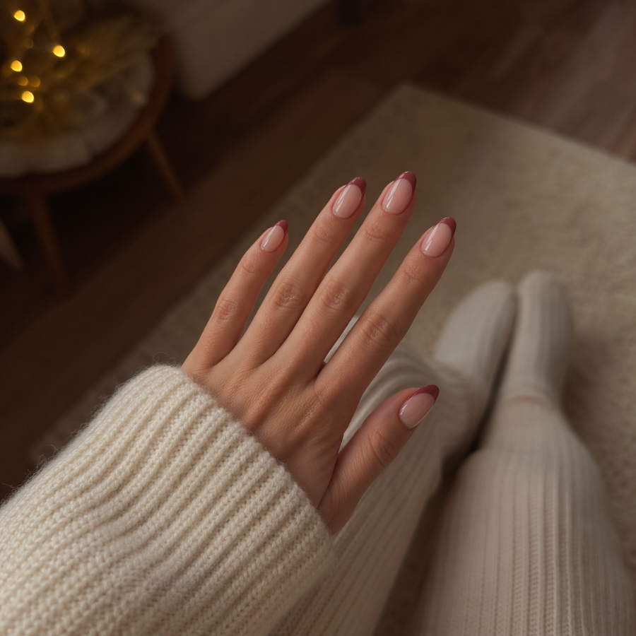 Almond nails with deep mauve pink French tips on a milky base in a cozy indoor winter setting with a natural candid POV angle