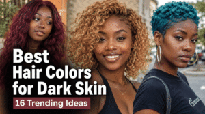 Featured image showing trending hair color ideas for dark skin including honey blonde, burgundy, copper, and teal hairstyles