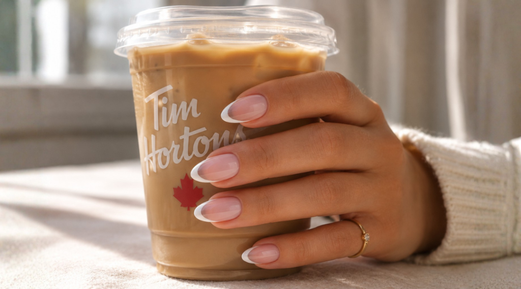 Almond-shaped bubble bath French tip nails holding a Tim Hortons coffee cup in soft morning light with glossy pale pink polish and crisp white tips.