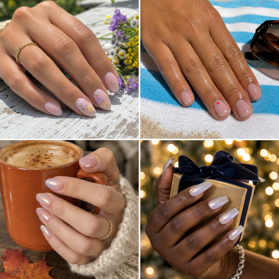 Four-panel seasonal grid showing bubble bath nails styled for spring with pastel florals summer with glossy wet-look finish fall with champagne chrome and winter with icy silver chrome on four different skin tones and nail shapes