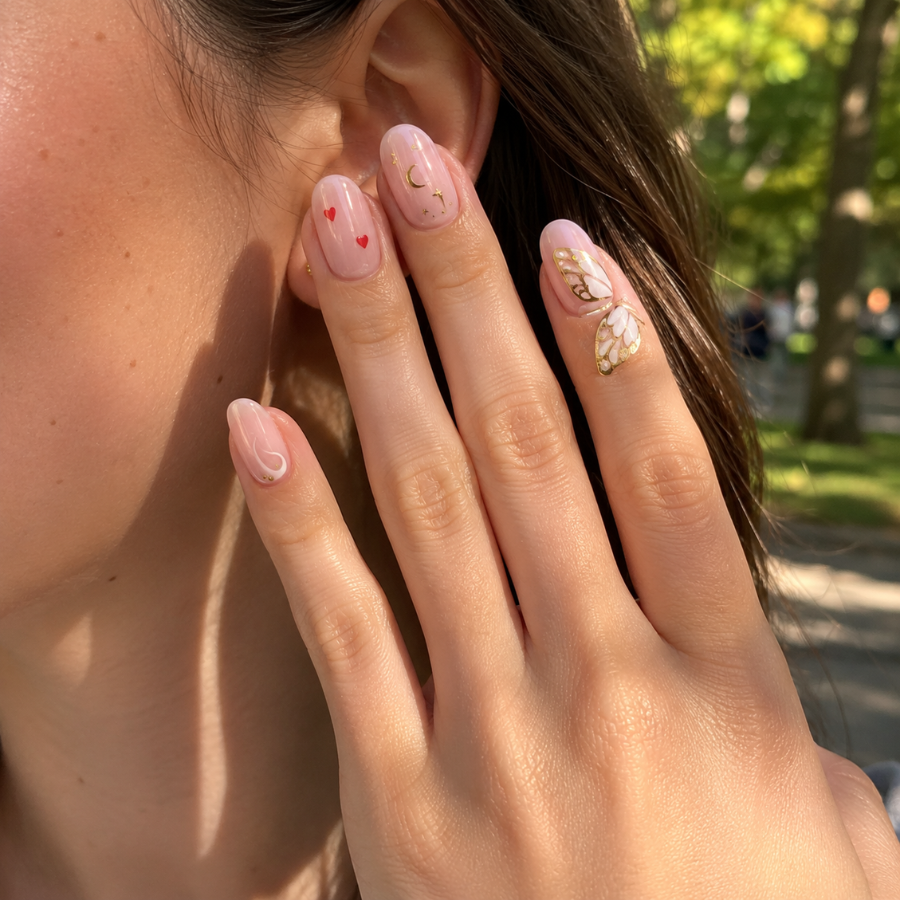 Medium-length oval bubble bath nails with delicate nail art including tiny red hearts a gold crescent moon and stars and a butterfly design spanning two fingers on a hand held near the ear in dappled outdoor sunlight