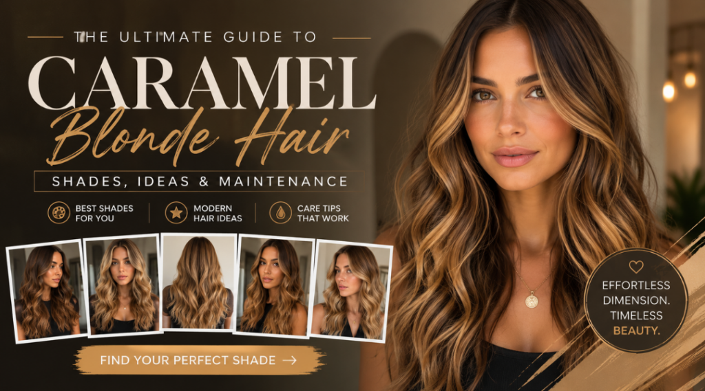 Caramel blonde hair ideas featuring balayage, rooted caramel tones, and dimensional blonde shades for different base colors