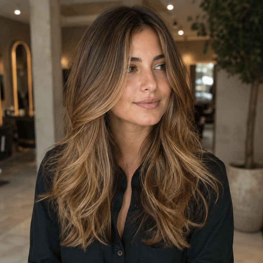 Caramel blonde on medium brown hair with soft dimensional warmth, golden caramel mids, and natural low-maintenance root blending