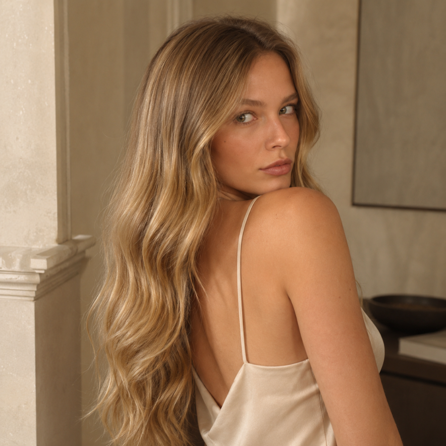 Old-money caramel blonde hair with soft beige-gold tones, subtle dimension, and polished natural-looking shine in soft daylight