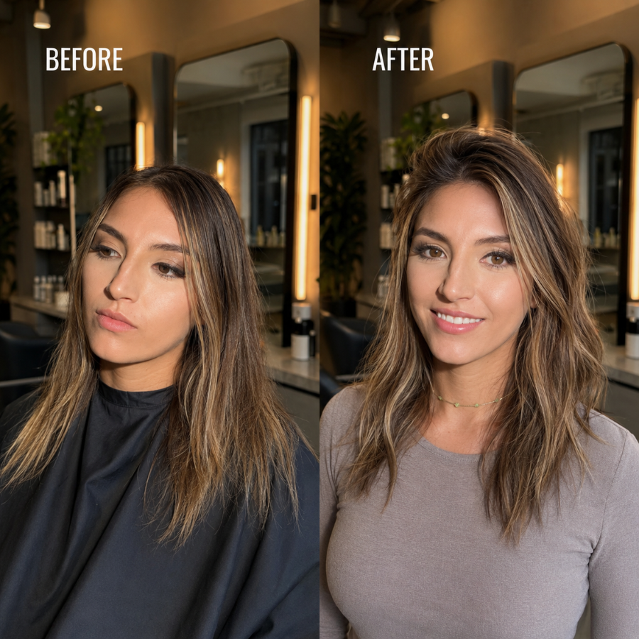 Before and after root perm showing flat fine hair transformed with visible root lift and natural volume in a salon