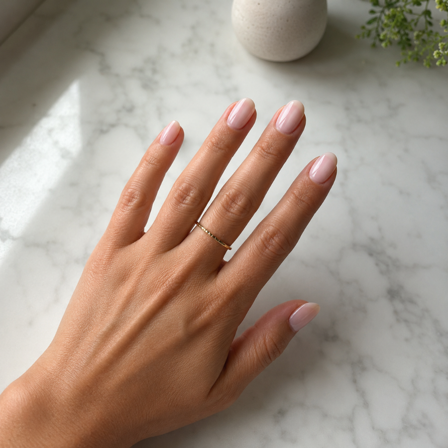 Short almond-shaped bubble bath nails in sheer glossy pale pink polish on a relaxed hand resting on a white marble surface in natural daylight