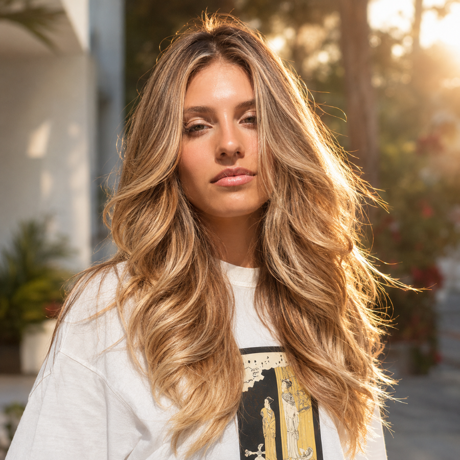 Sunlit caramel blonde hair with glowing golden lengths, dimensional root depth, and luminous warm blonde shine outdoors