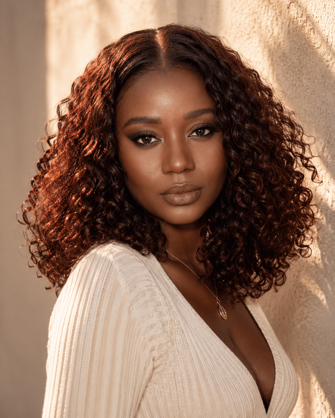 Auburn red-brown hair color on dark skin with defined natural curls and warm dimensional highlights