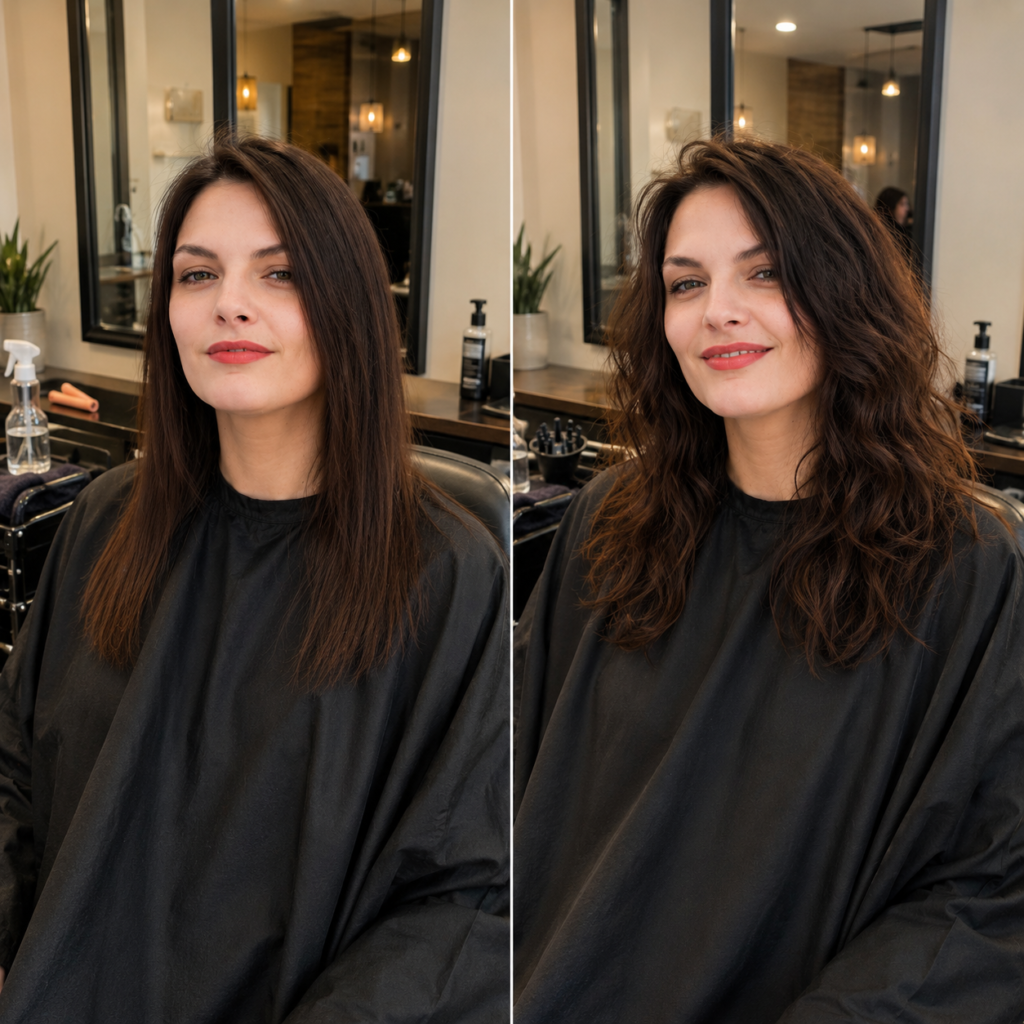 Before and after beach wave perm at Salon 1150 showing straight hair transformed into soft loose tousled waves with natural texture and volume in a salon setting