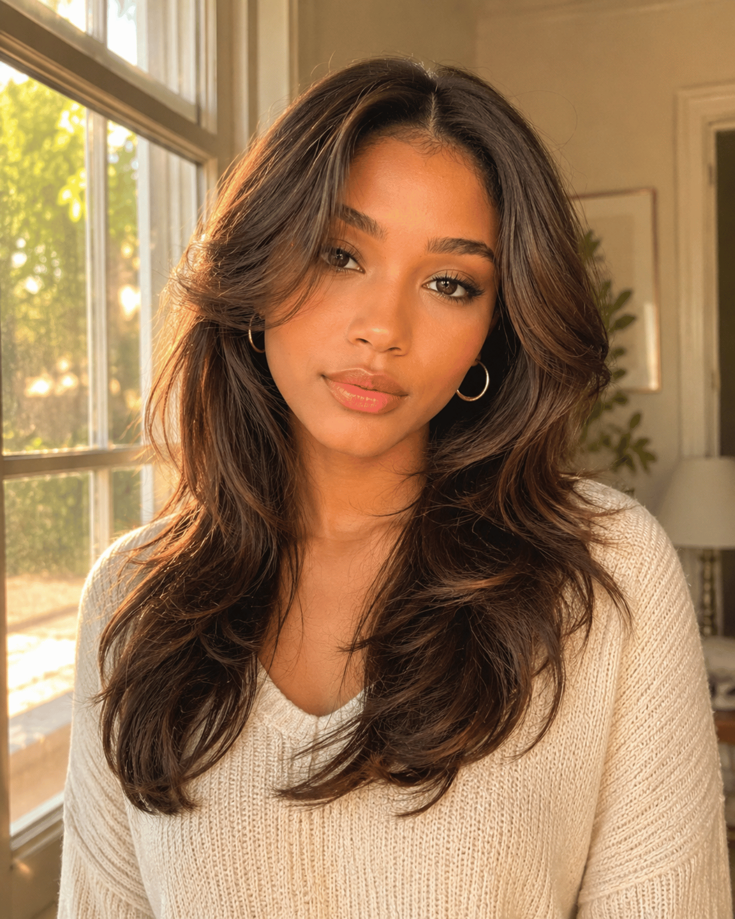 Butterfly haircut with soft face-framing layers cascading outward on medium-length wavy hair photographed in warm natural light