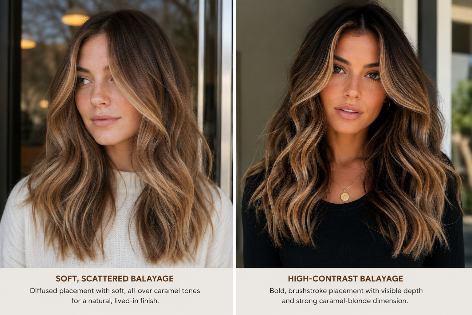 Caramel blonde balayage ideas showing soft scattered placement versus high contrast dimensional balayage
