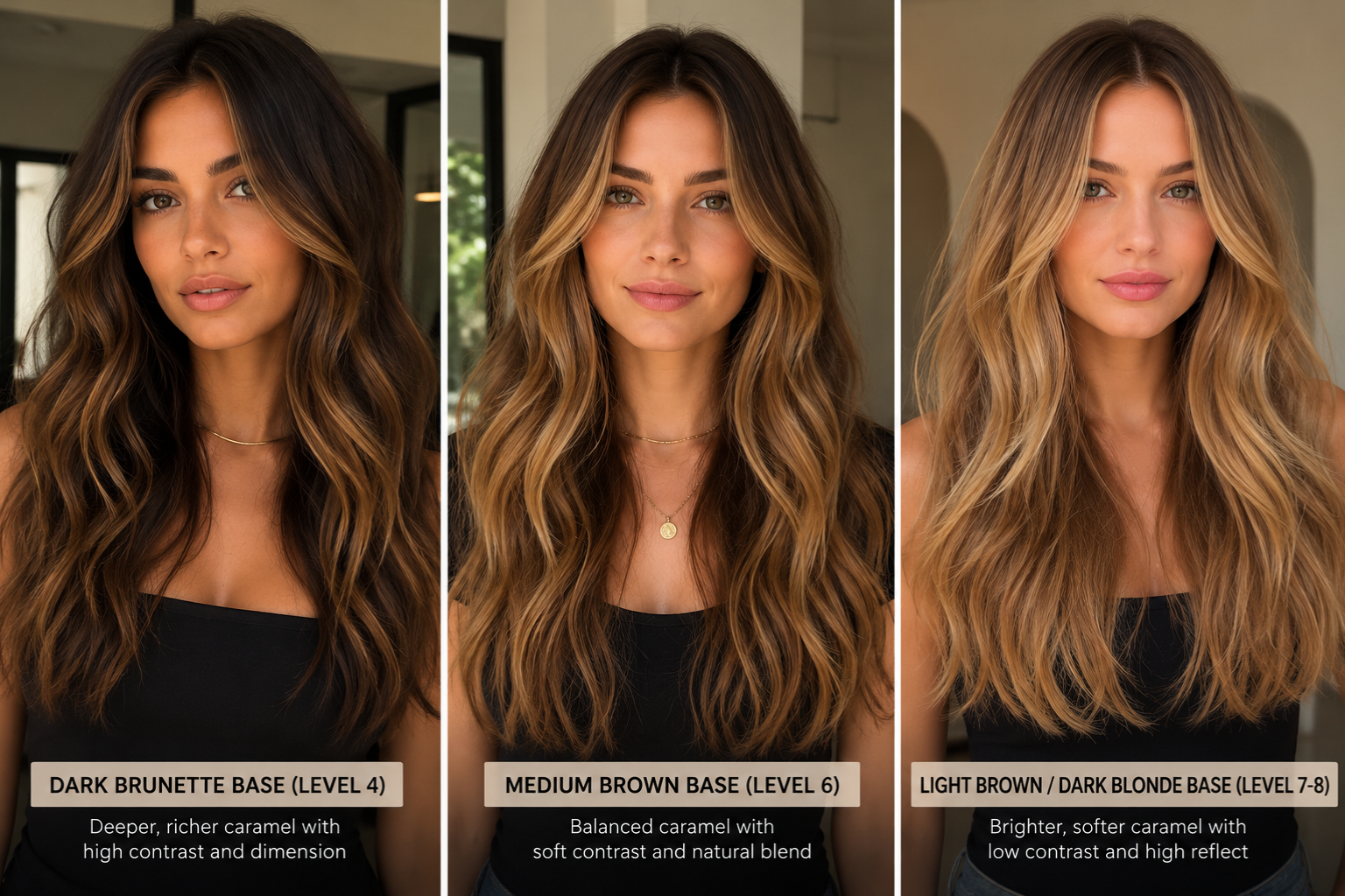 Caramel blonde hair on three different base colors — dark brunette, medium brown, and light brown — showing how starting color changes the result