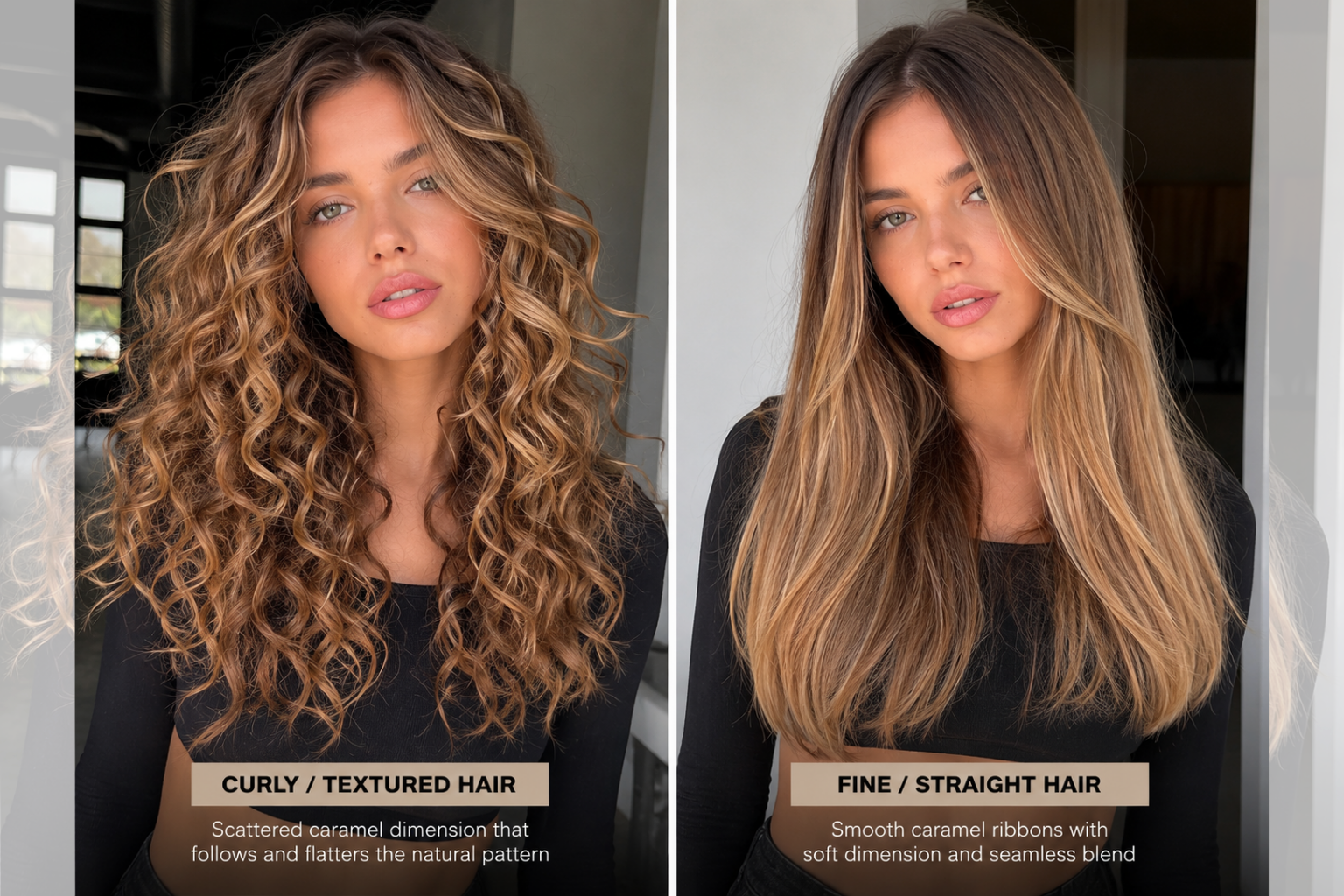Caramel blonde highlights on curly textured hair and fine straight hair showing how placement and dimension differ by texture