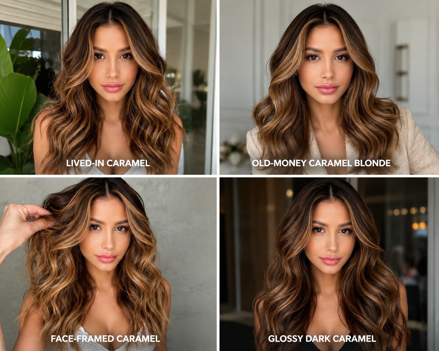 Caramel blonde hair ideas showing lived-in caramel, old-money caramel blonde, face-framed caramel, and glossy dark caramel blonde looks