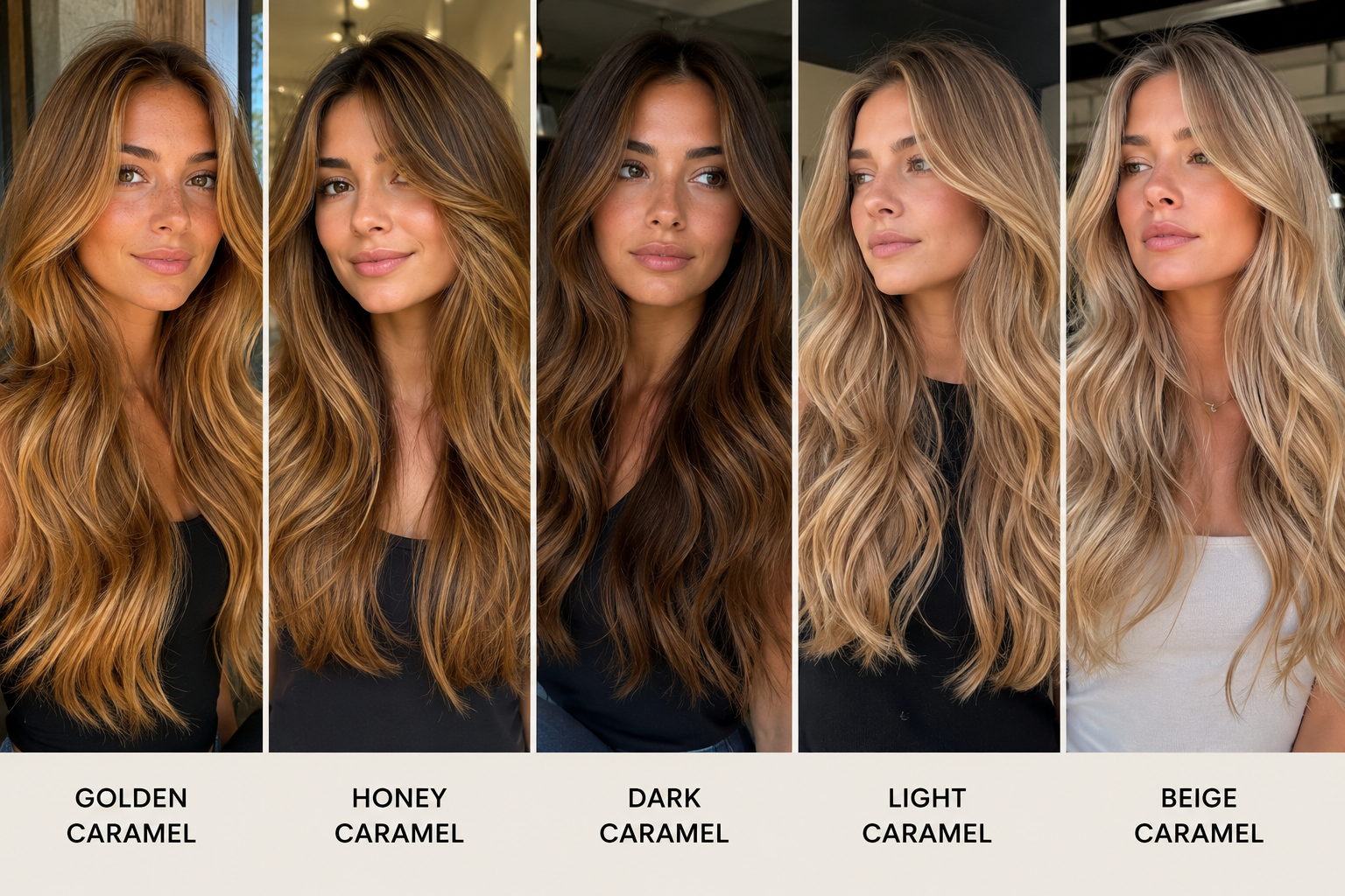 Caramel blonde hair shade variations including golden caramel, honey caramel, dark caramel blonde, light caramel blonde, and beige caramel