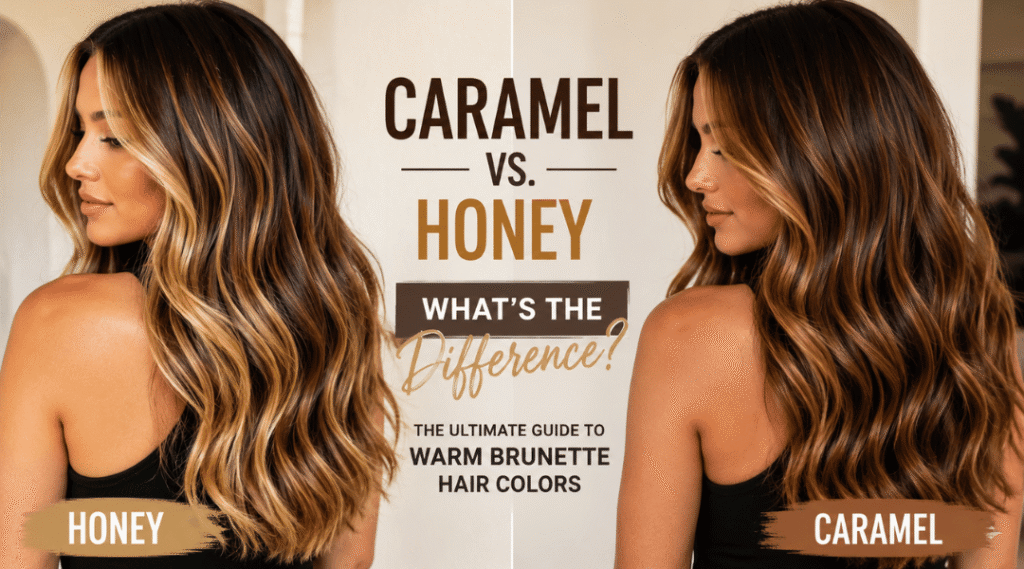 Featured comparison image showing honey blonde and caramel brunette hair colors side by side on dark hair with visible tone and warmth differences