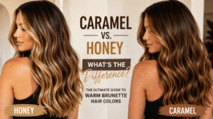 Featured comparison image showing honey blonde and caramel brunette hair colors side by side on dark hair with visible tone and warmth differences