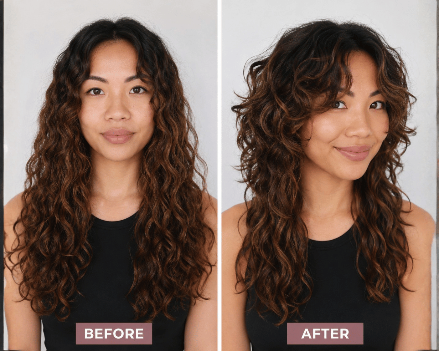 Before and after curly jellyfish haircut transformation showing one-length curly hair cut into a two-tiered jellyfish style with voluminous top layer