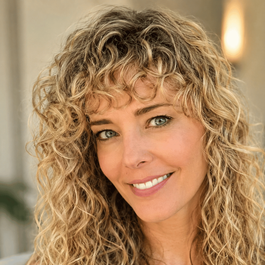 Curly jellyfish haircut with natural curly bangs showing how textured fringe integrates with the rounded top layer on 3A to 3B curls