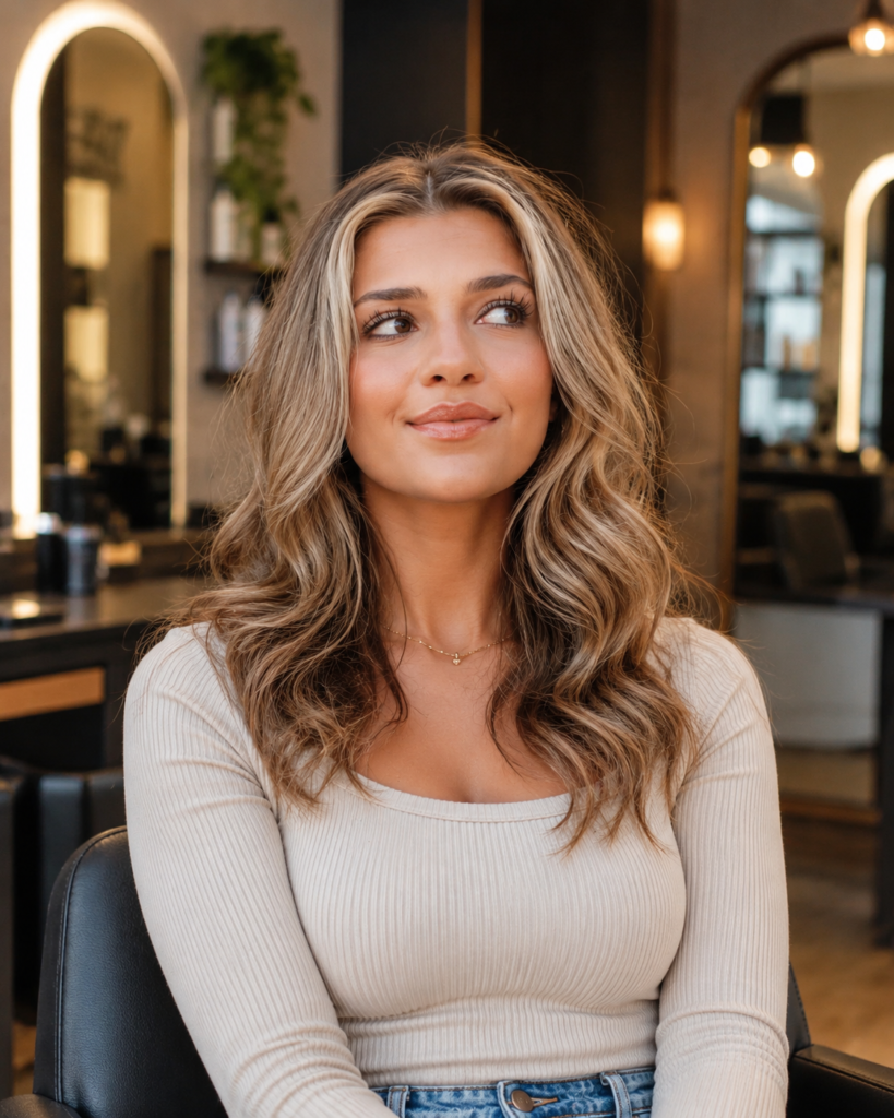 Woman with soft, natural-looking digital perm waves styled with a blow-dried finish in a modern salon settin