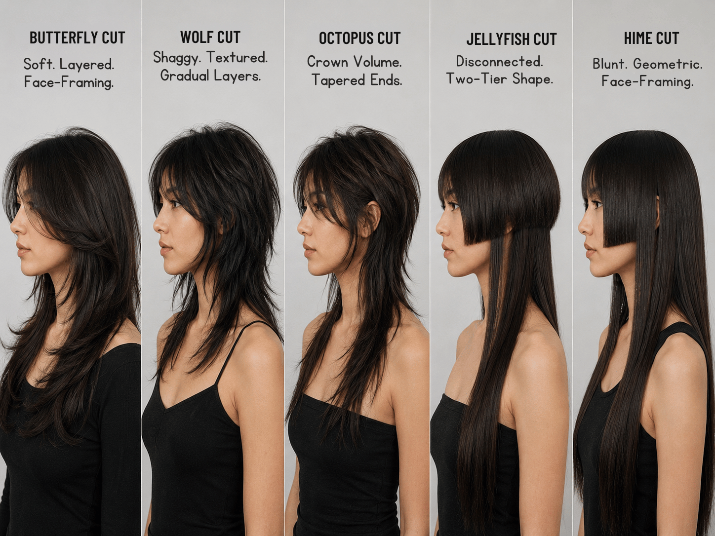 Side-by-side comparison of butterfly cut wolf cut octopus cut jellyfish cut and hime cut showing progression from soft layered styles to sharp architectural haircuts