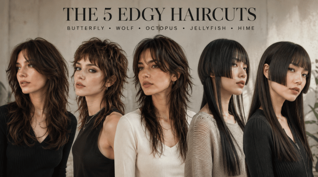 Editorial featured image comparing butterfly cut wolf cut octopus cut jellyfish cut and hime cut hairstyles on different women with realistic salon styling