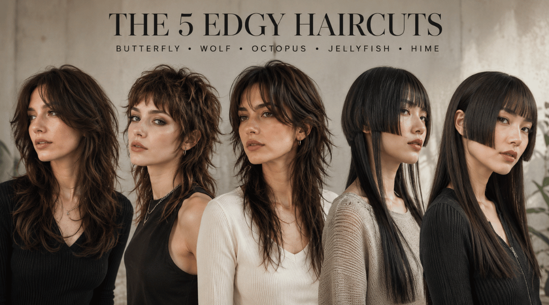 Editorial featured image comparing butterfly cut wolf cut octopus cut jellyfish cut and hime cut hairstyles on different women with realistic salon styling