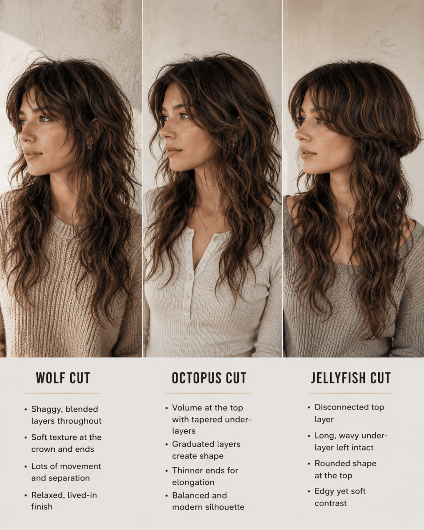 Comparison of wolf cut octopus cut and jellyfish cut on wavy hair showing how blended graduated and disconnected layers create different silhouettes