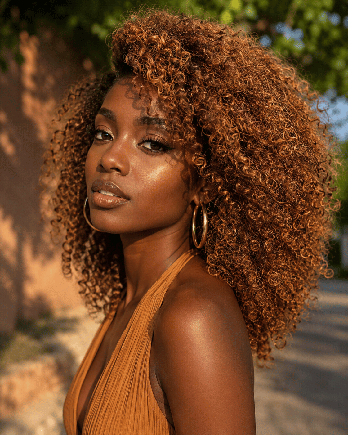 Golden brown hair color on dark brown skin with natural curls