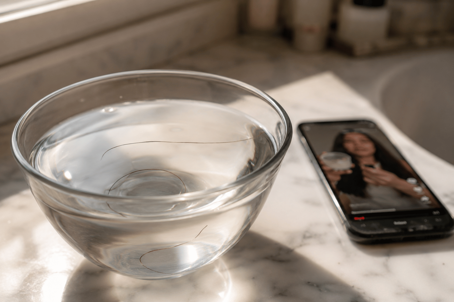 Hair strands floating and sinking at different levels in a glass of water during a hair porosity float test