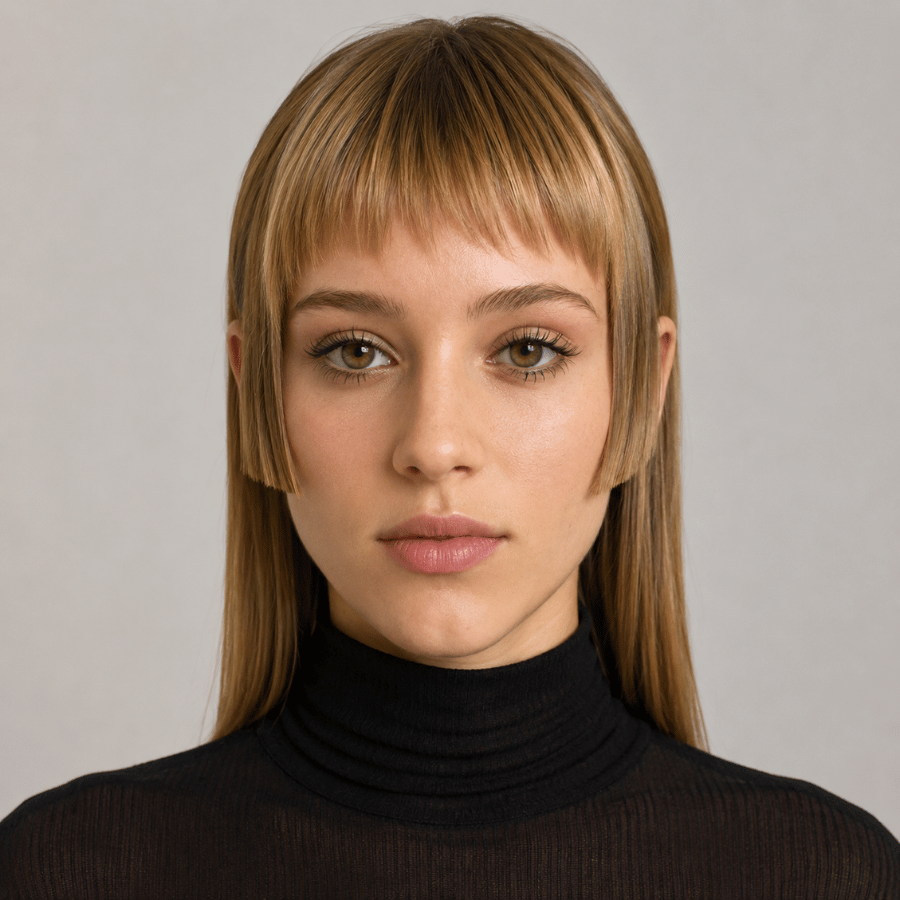 Woman with a geometric hime cut featuring blunt cheekbone-length side pieces and long straight hair in a studio portrait