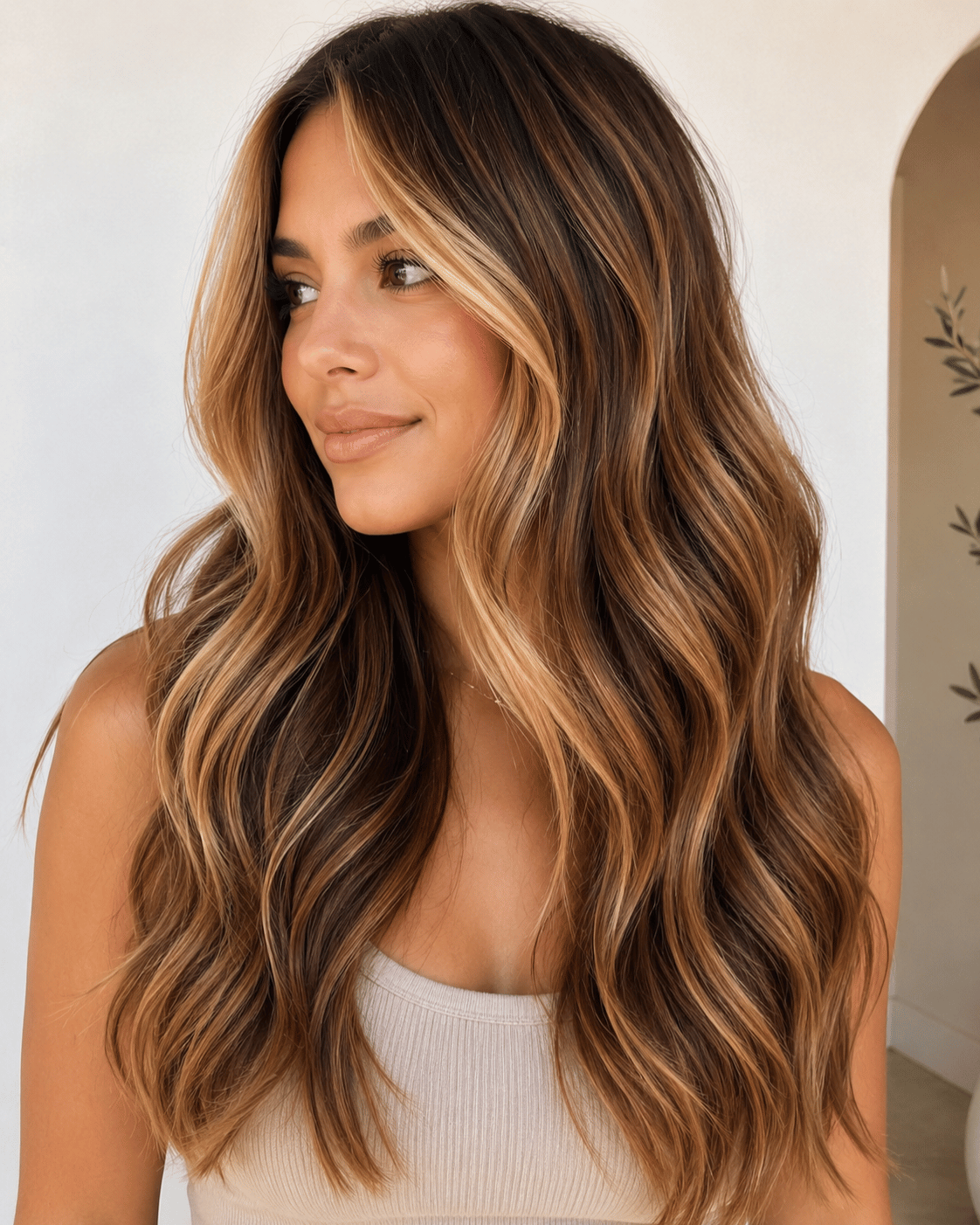 Honey and caramel hair color blend with bright face-framing highlights and warm dimensional brunette tones