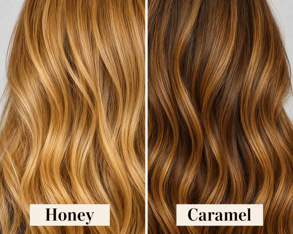 Side-by-side comparison of honey hair color and caramel hair color showing golden blonde tones versus rich amber-brown tones under neutral lighting