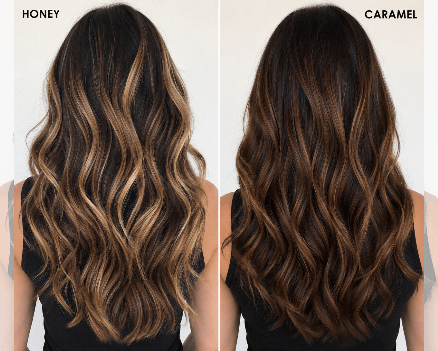 Side-by-side comparison of honey highlights and caramel highlights on dark brown hair showing brighter golden contrast versus softer blended warmth
