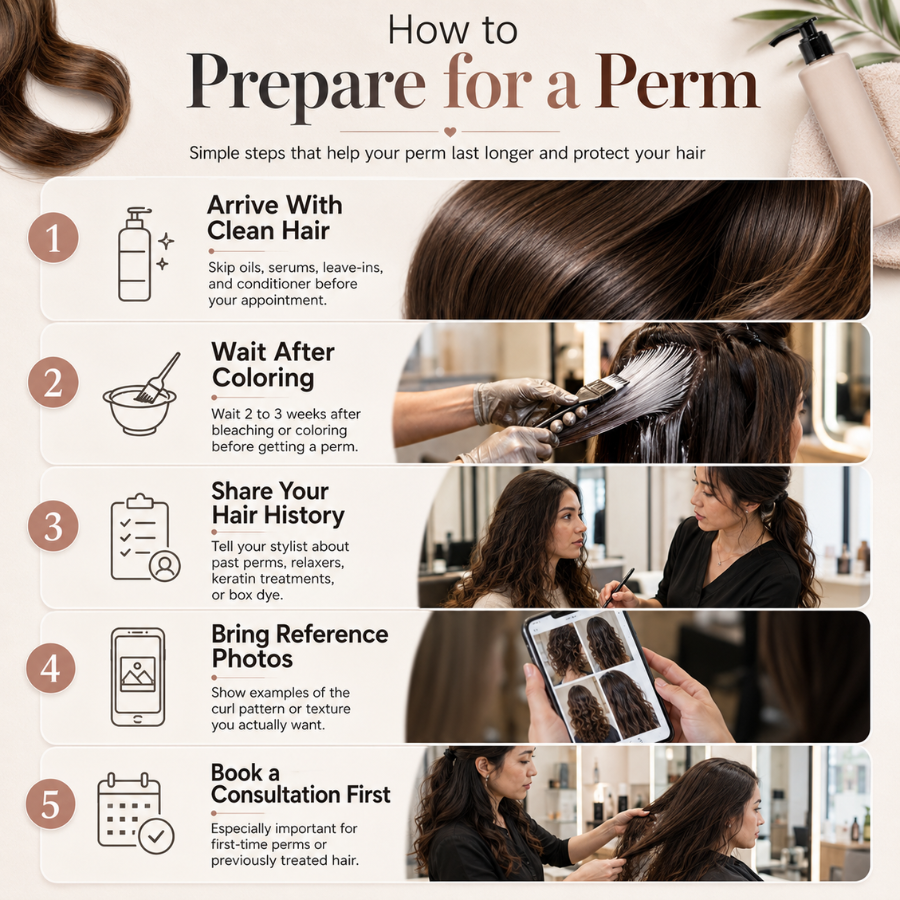 Infographic showing how to prepare for a perm including clean hair, waiting after coloring, sharing hair history, bringing inspiration photos, and booking a consultation.