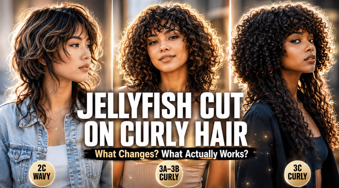 Featured image showing three women with different curl patterns wearing a jellyfish haircut with text overlay explaining how the style works on curly hair